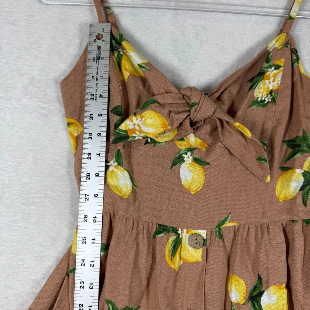 Sweet Rain Lemon Print Linen Blend Tie Front Mini Dress Tan Yellow Small - Picture 5 of 13